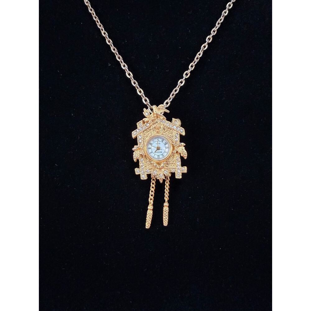 VTG Costume Jewelry Gold Tone Cuckoo Clock Necklace Rhinestone Accent Pendant